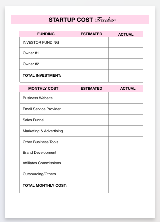 startup cost template